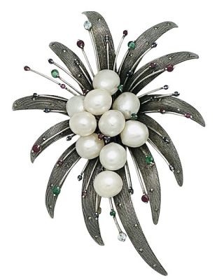 Vintage Pearl and Multi Stone Sterling Brooch