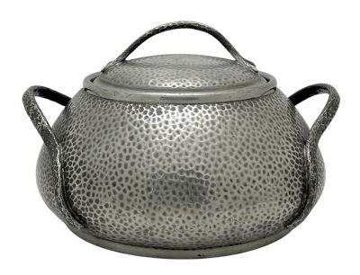 W J Myatt & Co. Hammered Pewter Biscuit Barrel, England, circa 1910-20