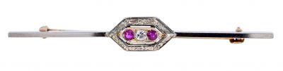 Antique .10ct Ruby and Diamond Bar Brooch in 14kt White Gold