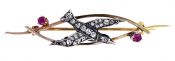 Antique .28ct Diamond and Ruby Swallow Brooch in 18kt Yellow Gold and Silver