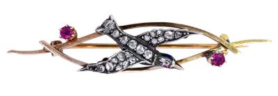 Antique .28ct Diamond and Ruby Swallow Brooch in 18kt Yellow Gold and Silver