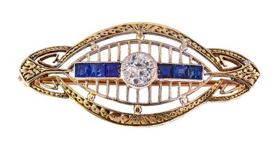 Antique .37ct Diamond and Synthetic Sapphire Brooch in 14kt Yellow and White Gold
