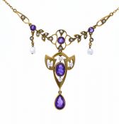 Antique 2.83ct Amethyst and Freshwater Pearl 14kt Lavalier Necklace