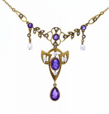 Antique 2.83ct Amethyst and Freshwater Pearl 14kt Lavalier Necklace