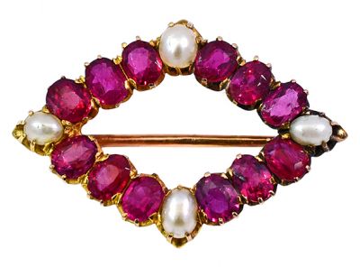 Antique 2.91ct Ruby and Pearl Brooch in 14kt Yellow Gold