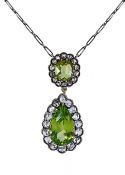 Antique 4.98ct Peridot and Diamond Necklace in 14kt Yellow Gold and Silver