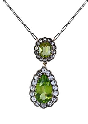 Antique 4.98ct Peridot and Diamond Necklace in 14kt Yellow Gold and Silver