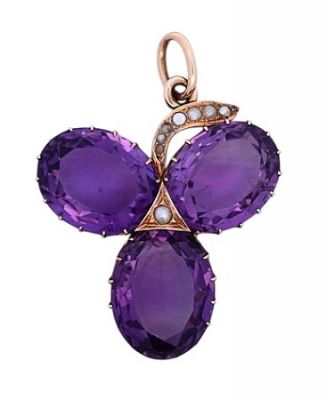 Antique 54.33ct Amethyst and Pearl Pendant in 18kt Yellow Gold