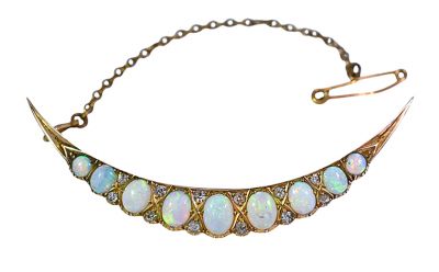 Antique 1.92ct Opal and Diamond Crescent Brooch in 10kt Yellow Gold