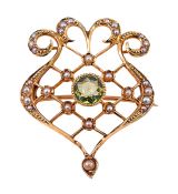 Antique .78ct Peridot and Seed Pearl Brooch in 14kt Yellow Gold