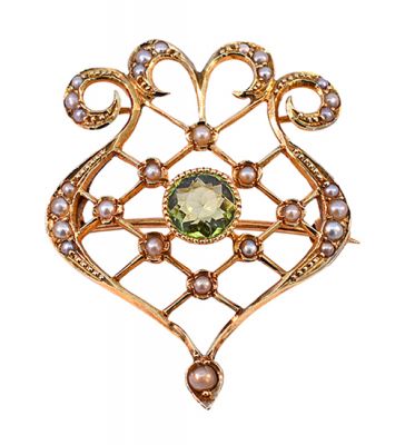 Antique .78ct Peridot and Seed Pearl Brooch in 14kt Yellow Gold