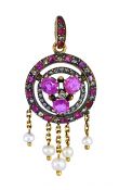 Antique 1.70ct Ruby Diamond and Pearl Pendant in 18kt Yellow Gold