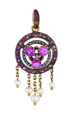 Antique 1.70ct Ruby Diamond and Pearl Pendant in 18kt Yellow Gold