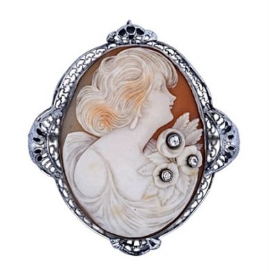 Vintage Shell and Diamond Cameo Brooch and Pendant in Sterling Silver