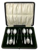 Antique Sterling Silver Ribbon Pattern Coffee Spoons & Sugar Tongs, Sheffield 1922