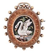 Antique Swan Micro Mosaic Brooch in 18kt Yellow Gold