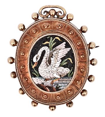 Antique Swan Micro Mosaic Brooch in 18kt Yellow Gold