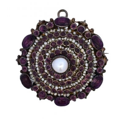 Antique Synthetic Stone and Pearl Brooch in Silver