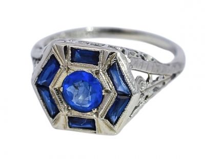 Art Deco 1.43ct Synthetic Sapphire Ring in 18kt White Gold