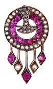 Art Deco 3.84ct Ruby Diamond and Pearl Brooch in 14kt Yellow Gold and Silver