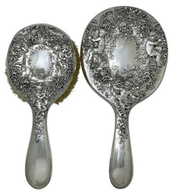 Art Nouveau Gorham Sterling Silver Brush & Mirror, Dated 1908