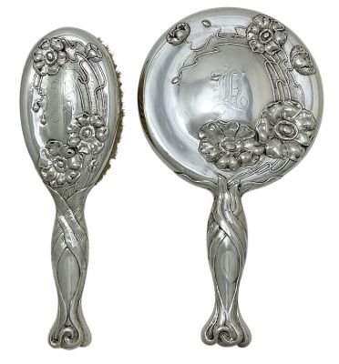 Art Nouveau Roden Brothers Sterling Silver Brush & Mirror