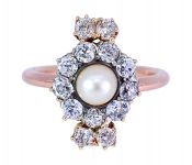Edwardian Diamond and Pearl 18kt and Silver Ring