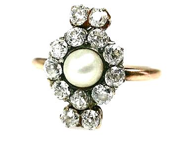 Edwardian Diamond and Pearl 18kt & Silver Top Ring