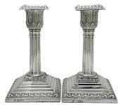 English Sterling Silver Corinthian Column Candlesticks, John Round & Son Ltd., Sheffield 1892