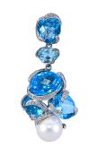 Modern 20.17ct Blue Topaz Pearl and Diamond Pendant in 18kt White Gold