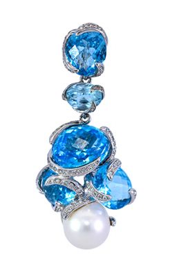 Modern 20.17ct Blue Topaz Pearl and Diamond Pendant in 18kt White Gold