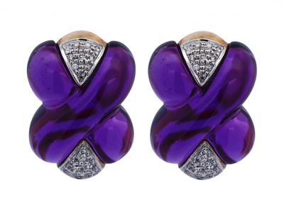 Modern 41.14ct Stylized Amethyst and Diamond Earrings in 18kt Yellow Gold