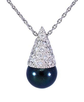 Modern Black Pearl and Diamond Necklace in Platinum