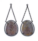 Modern Rutilated Quartz and Diamond Silver Earrings