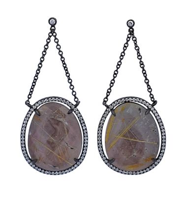 Modern Rutilated Quartz and Diamond Silver Earrings