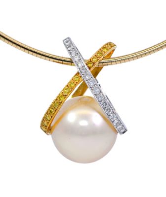 Modern South Sea Pearl and Diamond Necklace in 18kt Yellow Gold