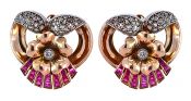 Retro 1.54ct Synthetic Ruby and Diamond Portuguese Earrings in 18kt Rose Gold