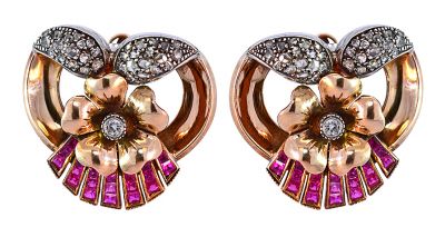 Retro 1.54ct Synthetic Ruby and Diamond Portuguese Earrings in 18kt Rose Gold