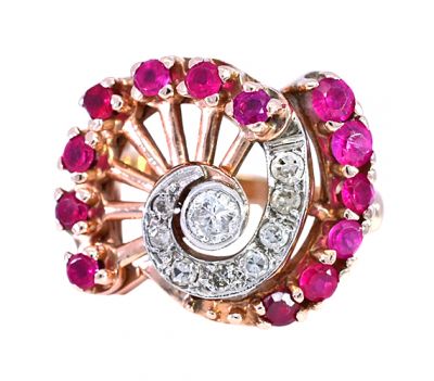 Retro .41ct Diamond and Synthetic Ruby Ring in 14kt Rose and White Gold