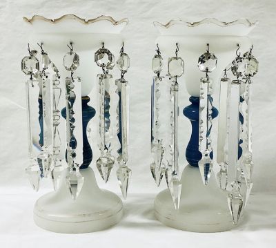 Victorian Blue & White Opaline Lustres