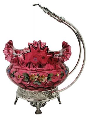 Victorian Enamelled Cranberry Bride’s Basket / Centrepiece Bowl