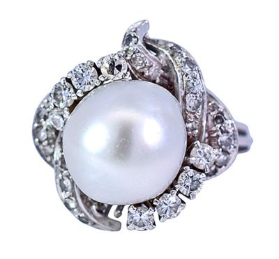 Vintage Baroque Pearl and Diamond Ring in Platinum