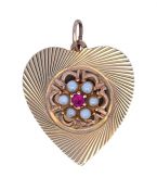 Vintage .09ct Ruby and Pearl Heart Pendant in 14kt Yellow Gold