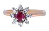 Vintage .23ct Ruby and Diamond Cluster Ring in 14kt White and Yellow Gold