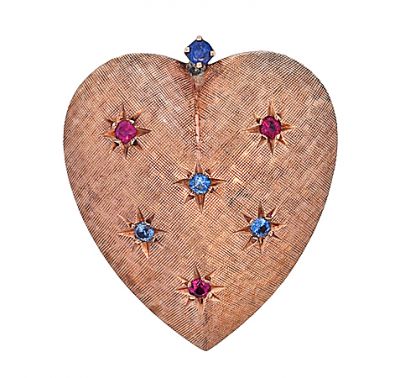 Vintage .23ct Sapphire and Synthetic Ruby Heart Pendant in 14kt Yellow Gold