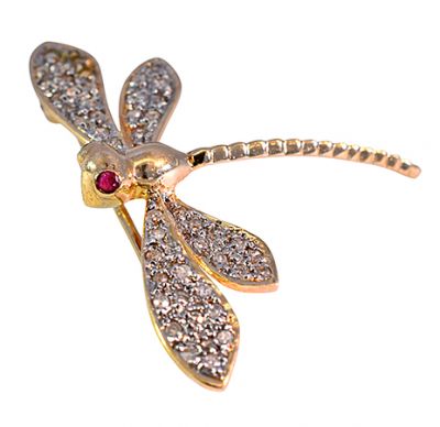 Vintage .25ct Diamond and Ruby Dragonfly Brooch in 14kt Yellow Gold