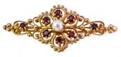 Vintage .33ct Garnet and Pearl Brooch in 14kt Yellow Gold
