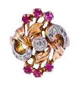 Vintage .84ct Synthetic Ruby and Diamond Ring in 14kt Rose and Yellow Gold