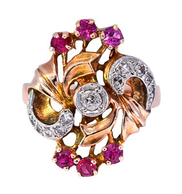 Vintage .84ct Synthetic Ruby and Diamond Ring in 14kt Rose and Yellow Gold