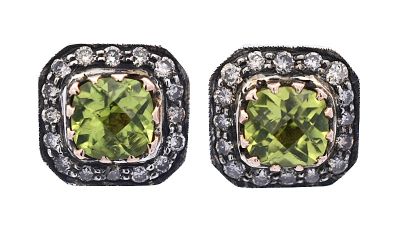 Vintage 1.94ct Peridot and Diamond Earrings in Silver and 18kt Yellow Gold